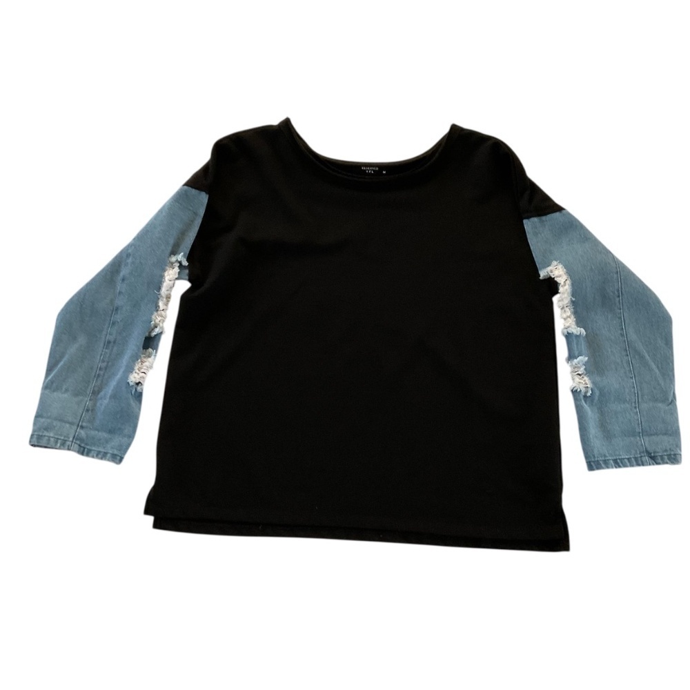 Reserved Women’s Sweatshirt Sz M Black Denim Distressed Sleeves Grunge Edgy Top